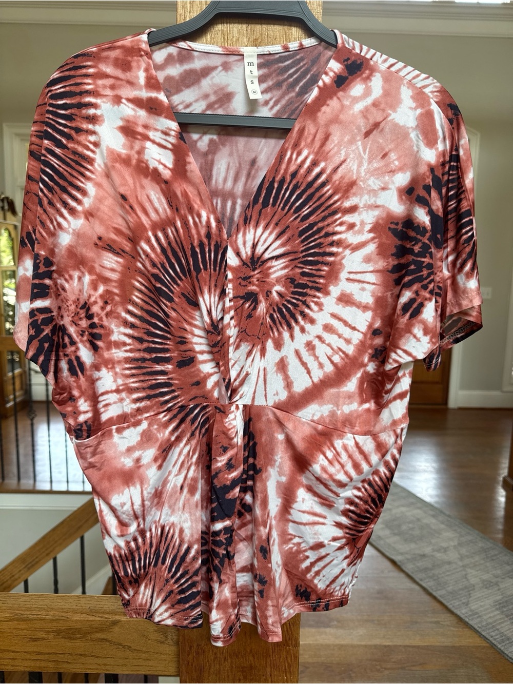 mts Tie-Dye Short Sleeve Blouse in Rust Red & White